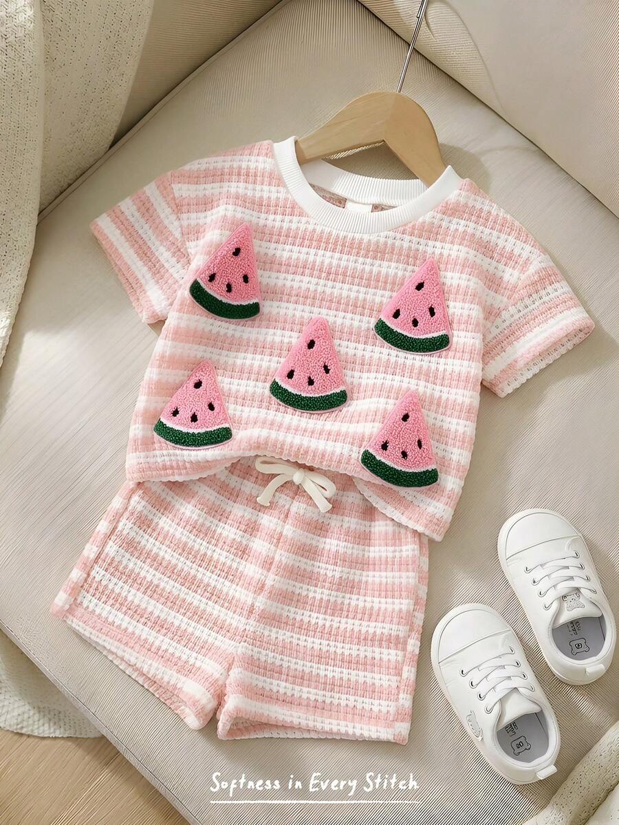 Rainbow Top And Elastic Waist Shorts Set For Toddler Girls Casual Wear