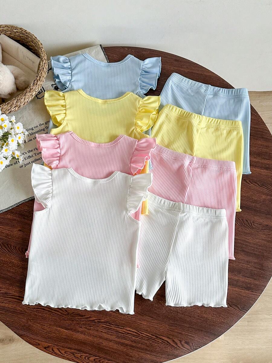8-Piece Multi-Color Ribbed Short Sleeve Top and Shorts Set for Baby Girls