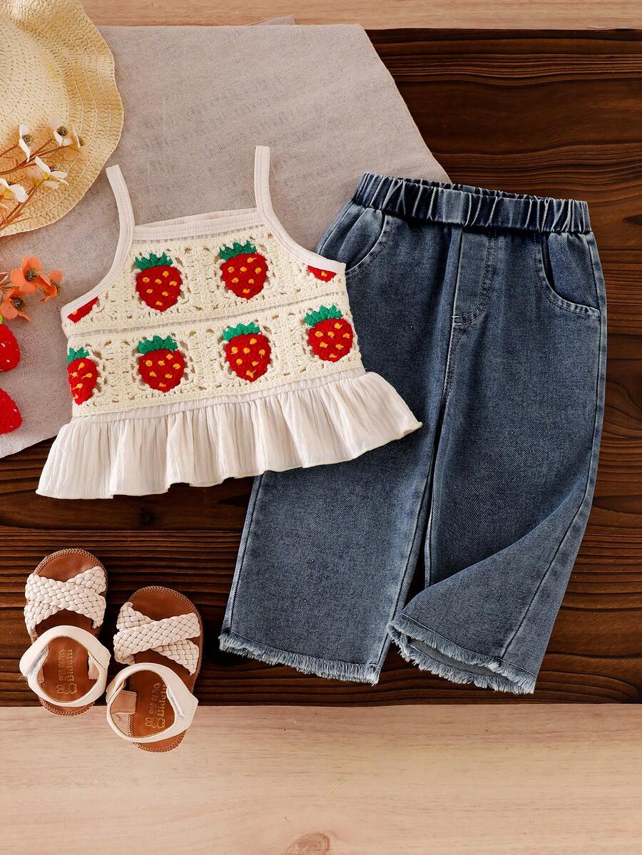 Delicate Strap Top And Solid Pants Set For Toddler Girls Casual Outfit