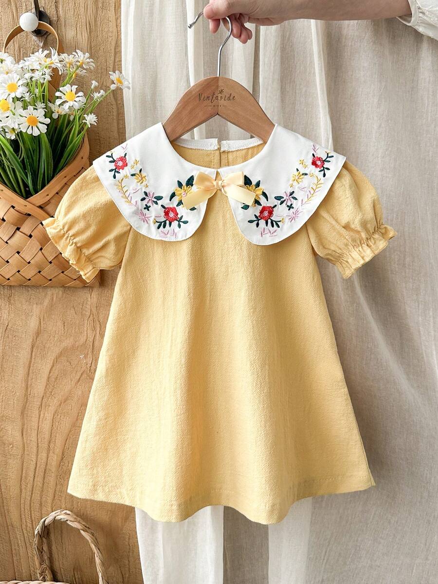 Infant Girl Peter Pan Collar Floral Embroidered Summer Dress for Casual Wear