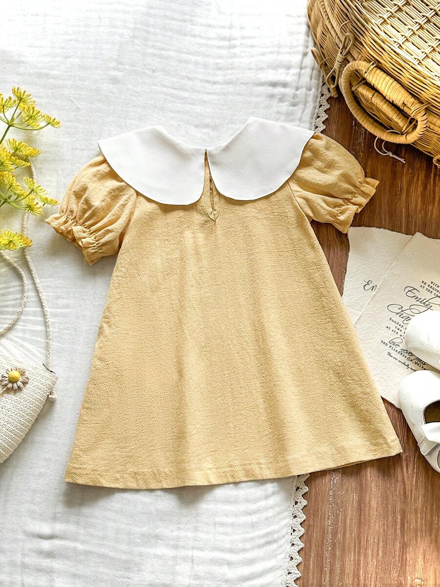 Infant Girl Peter Pan Collar Floral Embroidered Summer Dress for Casual Wear