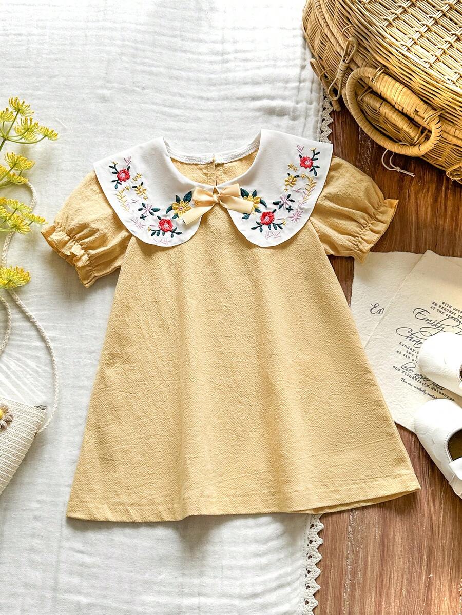 Infant Girl Peter Pan Collar Floral Embroidered Summer Dress for Casual Wear
