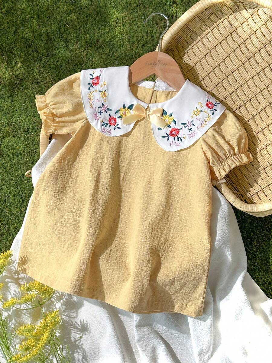 Infant Girl Peter Pan Collar Floral Embroidered Summer Dress for Casual Wear