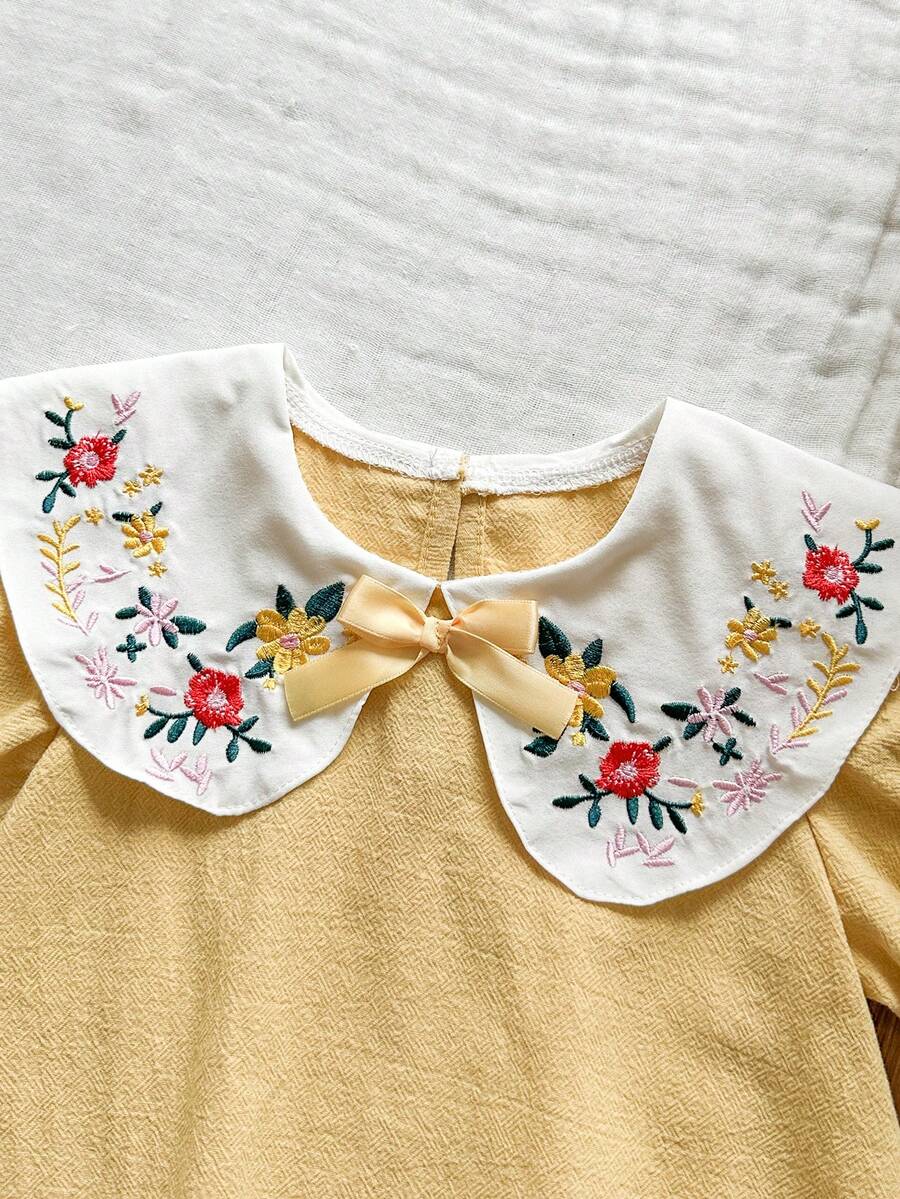 Infant Girl Peter Pan Collar Floral Embroidered Summer Dress for Casual Wear
