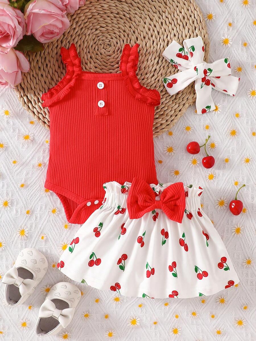 Baby Girl 2026 Summer 3pcs Buttoned Bodysuit and Lemon Skirt Set with Headband