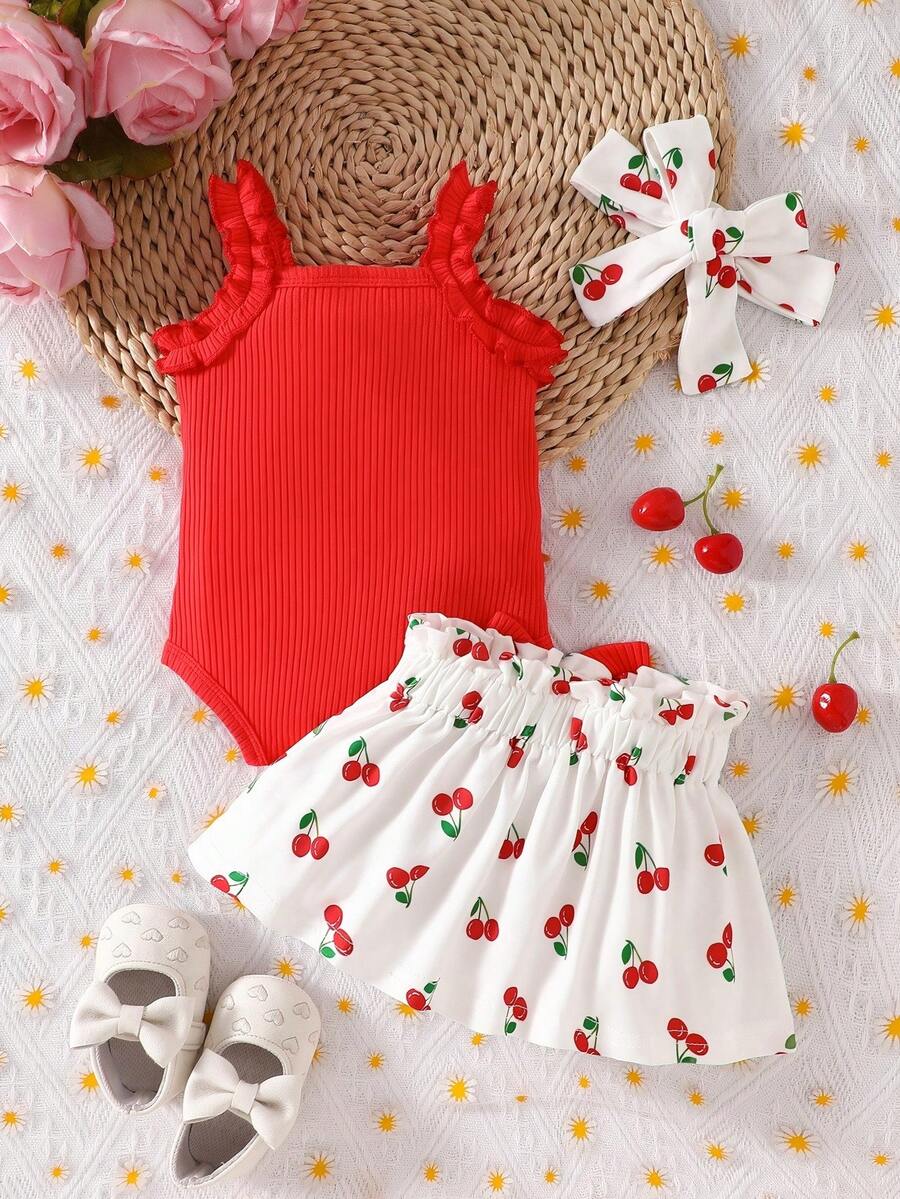Baby Girl 2026 Summer 3pcs Buttoned Bodysuit and Lemon Skirt Set with Headband