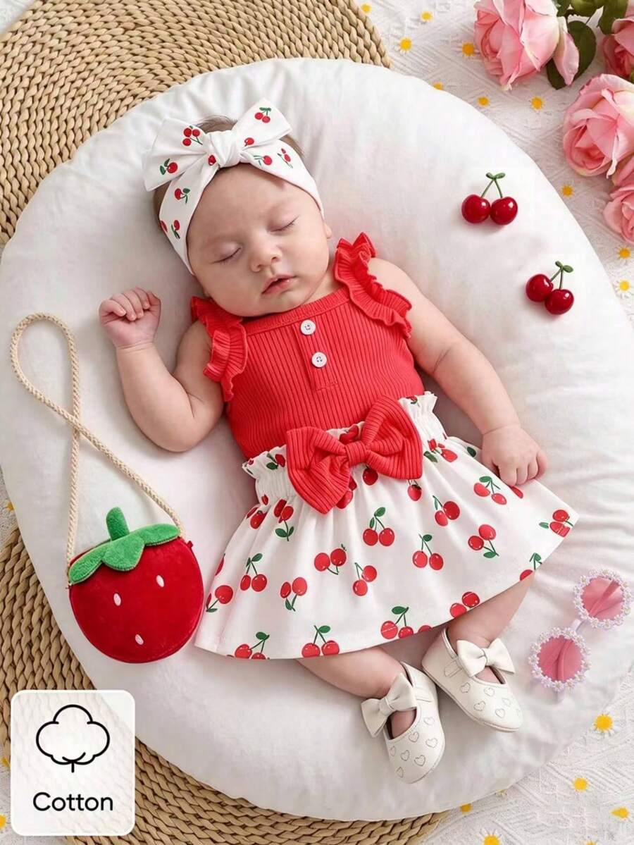 Baby Girl 2026 Summer 3pcs Buttoned Bodysuit and Lemon Skirt Set with Headband