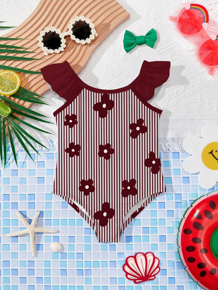 Vintage Shell Print One Piece Swimsuit For Baby Girls Summer Beach Vacation Wear