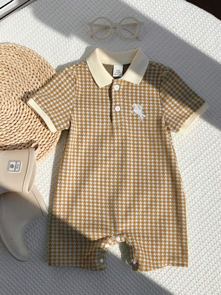 Unisex Newborn Baby Contrast Color Jacquard Polo Collar Half Zip Short Sleeve Jumpsuit Summer Outfit