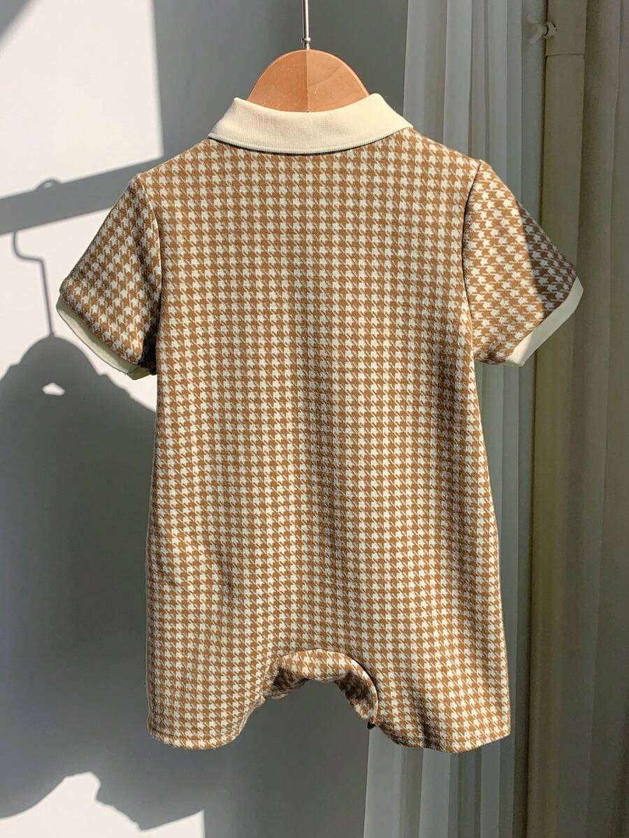 Unisex Newborn Baby Contrast Color Jacquard Polo Collar Half Zip Short Sleeve Jumpsuit Summer Outfit