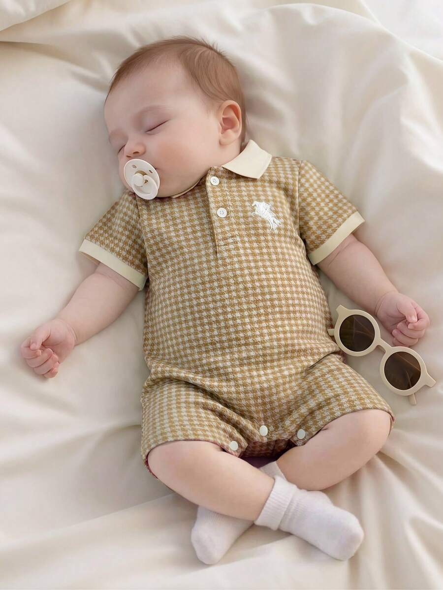 Unisex Newborn Baby Contrast Color Jacquard Polo Collar Half Zip Short Sleeve Jumpsuit Summer Outfit