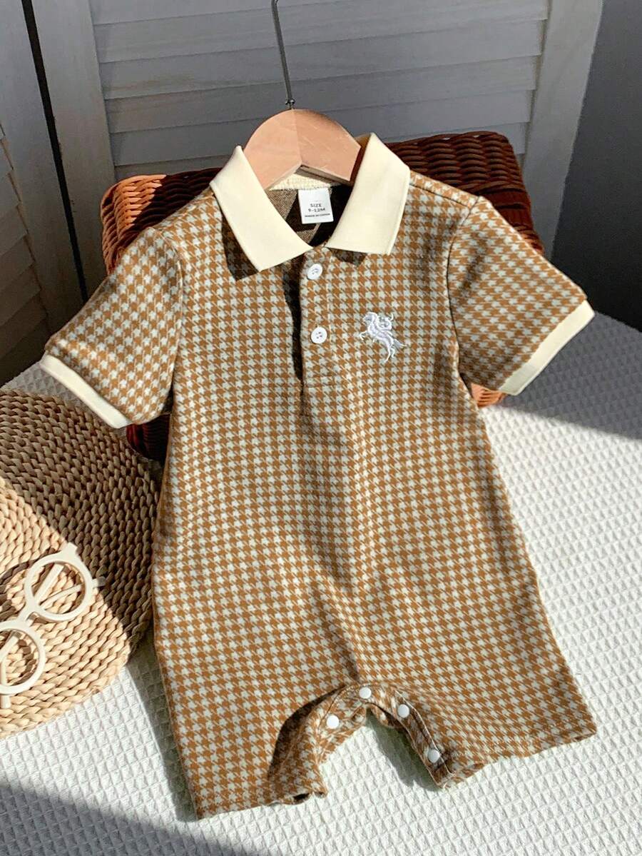 Unisex Newborn Baby Contrast Color Jacquard Polo Collar Half Zip Short Sleeve Jumpsuit Summer Outfit