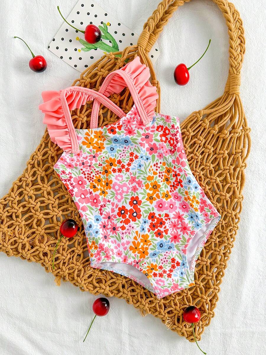 Baby Cherry Print Ruffle One-Piece Swimsuit for Vacation and Summer Play