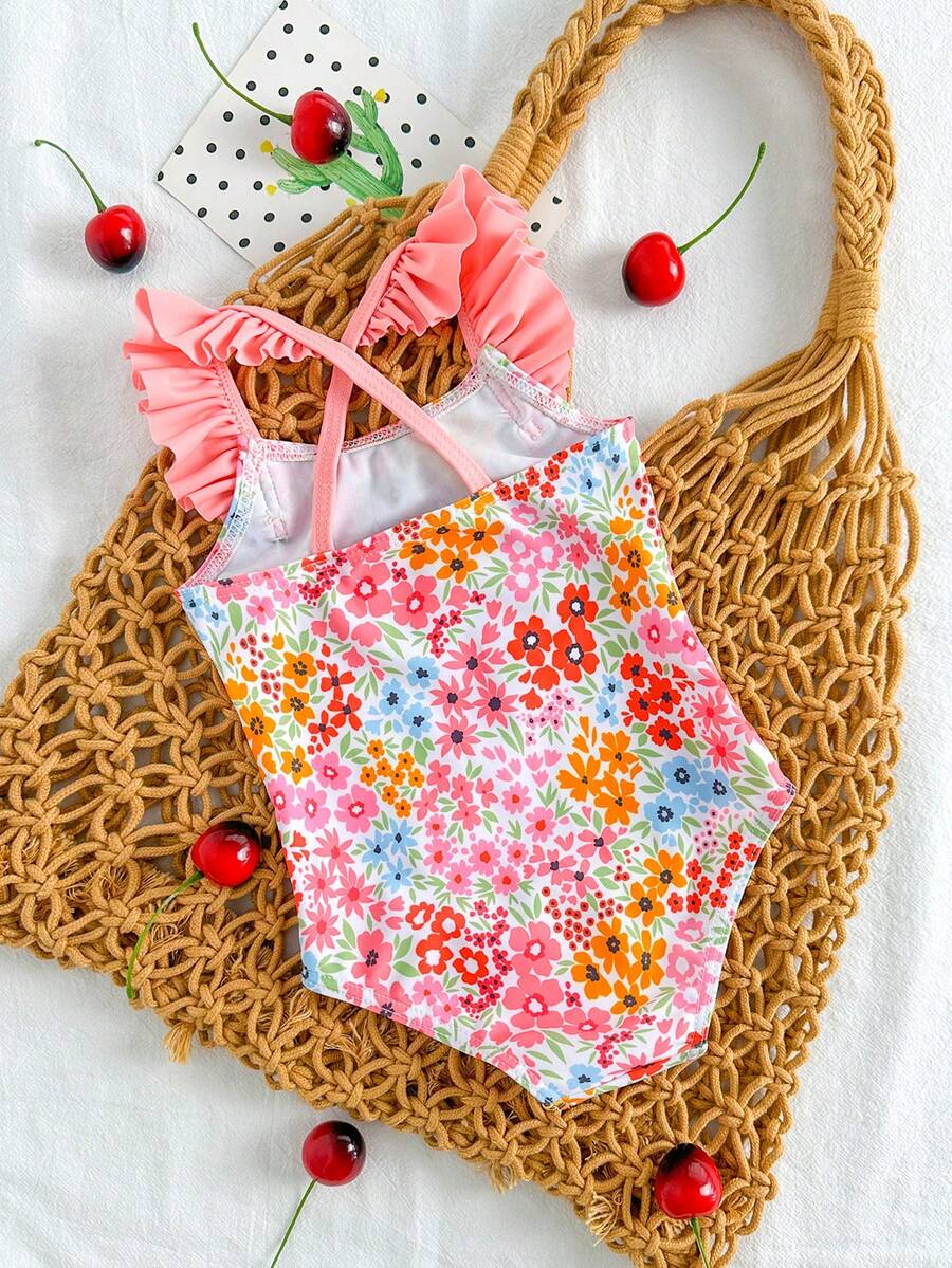 Baby Cherry Print Ruffle One-Piece Swimsuit for Vacation and Summer Play