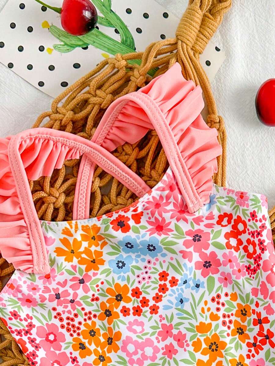 Baby Cherry Print Ruffle One-Piece Swimsuit for Vacation and Summer Play