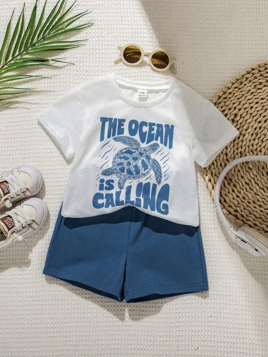 Baby Boy Animal Crayon Print T Shirt and Knitted Shorts 2 Piece Casual Spring Summer Outfit Set
