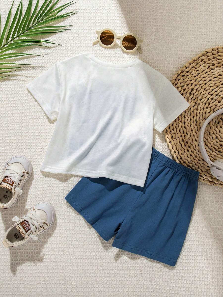 Baby Boy Animal Crayon Print T Shirt and Knitted Shorts 2 Piece Casual Spring Summer Outfit Set