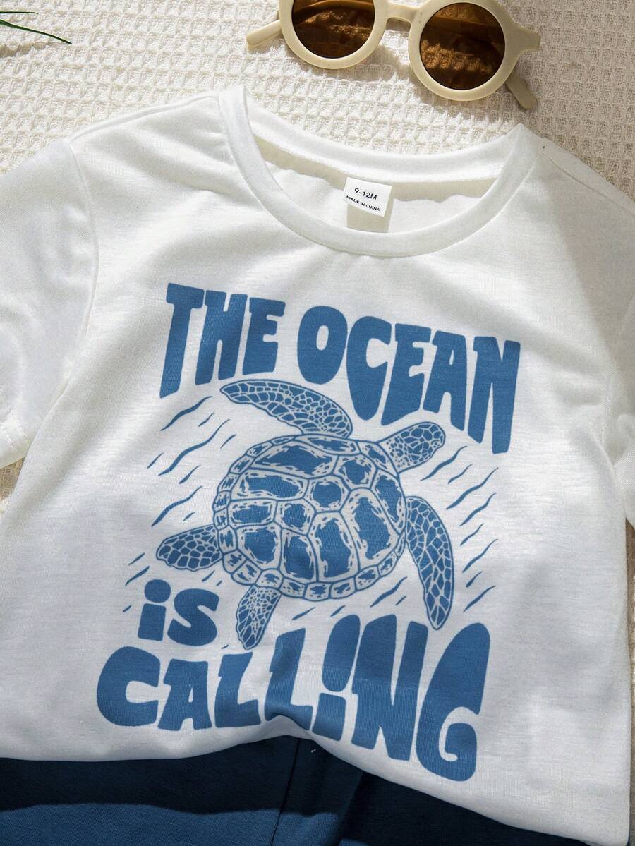 Baby Boy Animal Crayon Print T Shirt and Knitted Shorts 2 Piece Casual Spring Summer Outfit Set