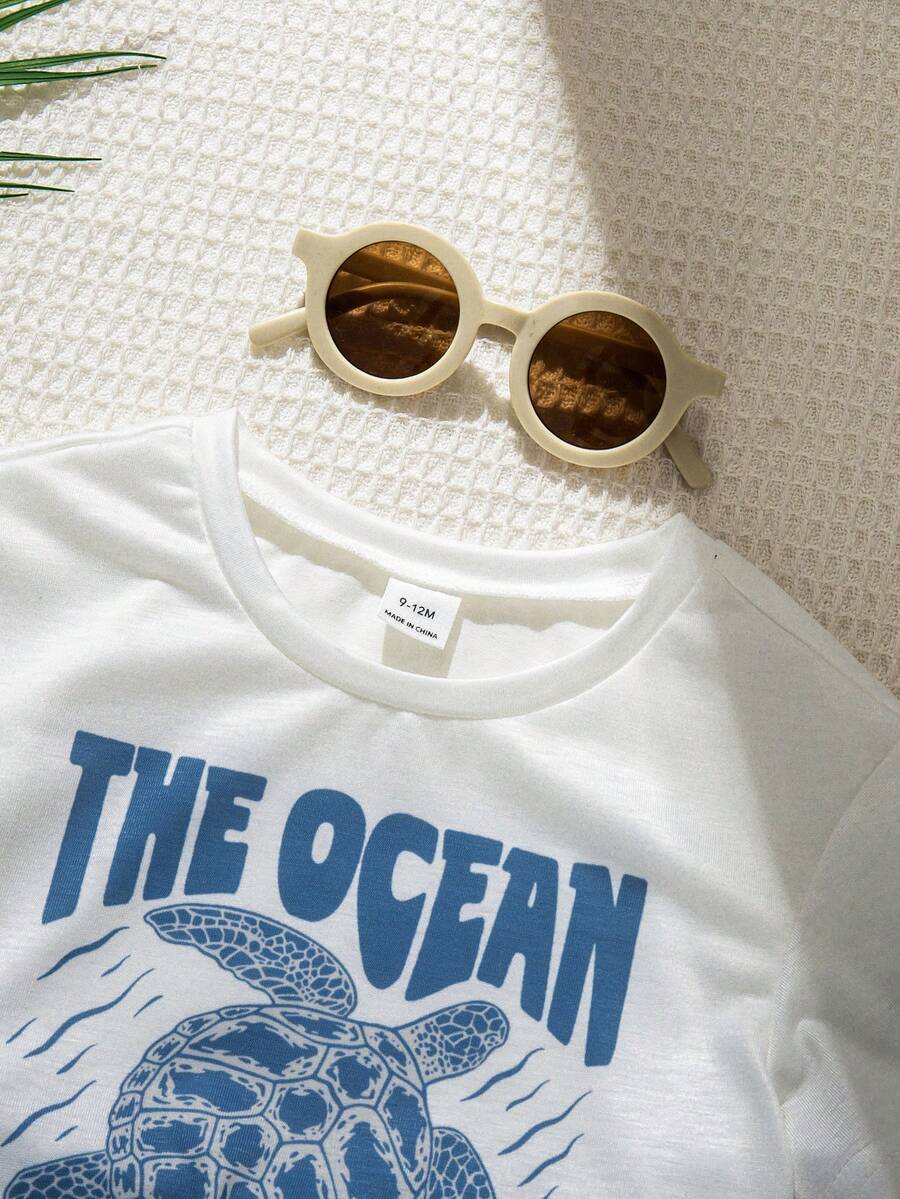 Baby Boy Animal Crayon Print T Shirt and Knitted Shorts 2 Piece Casual Spring Summer Outfit Set