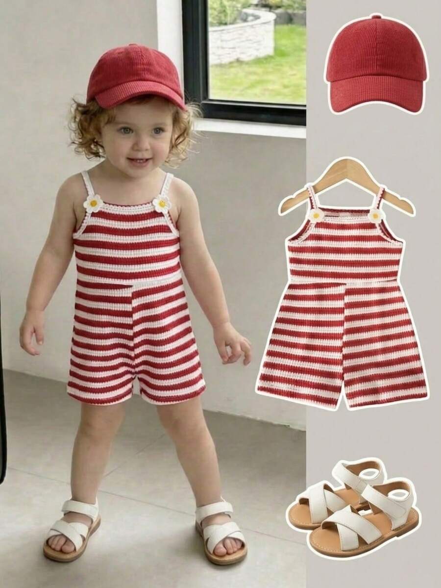 Cute Baby Girl Sleeveless Ribbed Short Jumpsuit With Bow Detail Casual Summer Wear
