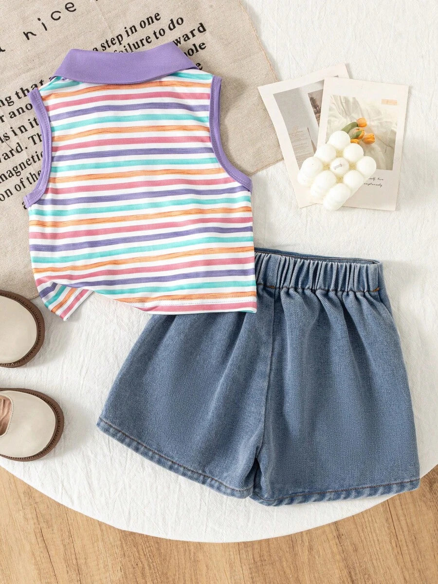 Toddler Girls Textured Knit Vest Top And Denim Skort Flower Embroidered Summer Outfit Set