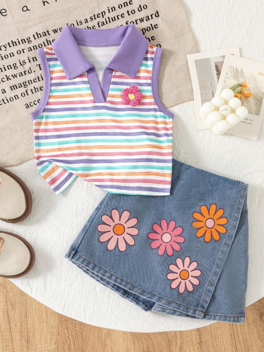 Toddler Girls Textured Knit Vest Top And Denim Skort Flower Embroidered Summer Outfit Set