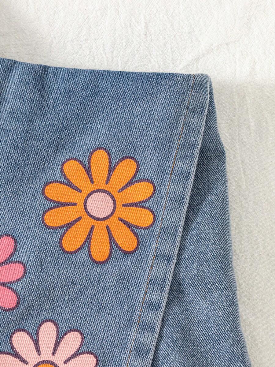 Toddler Girls Textured Knit Vest Top And Denim Skort Flower Embroidered Summer Outfit Set