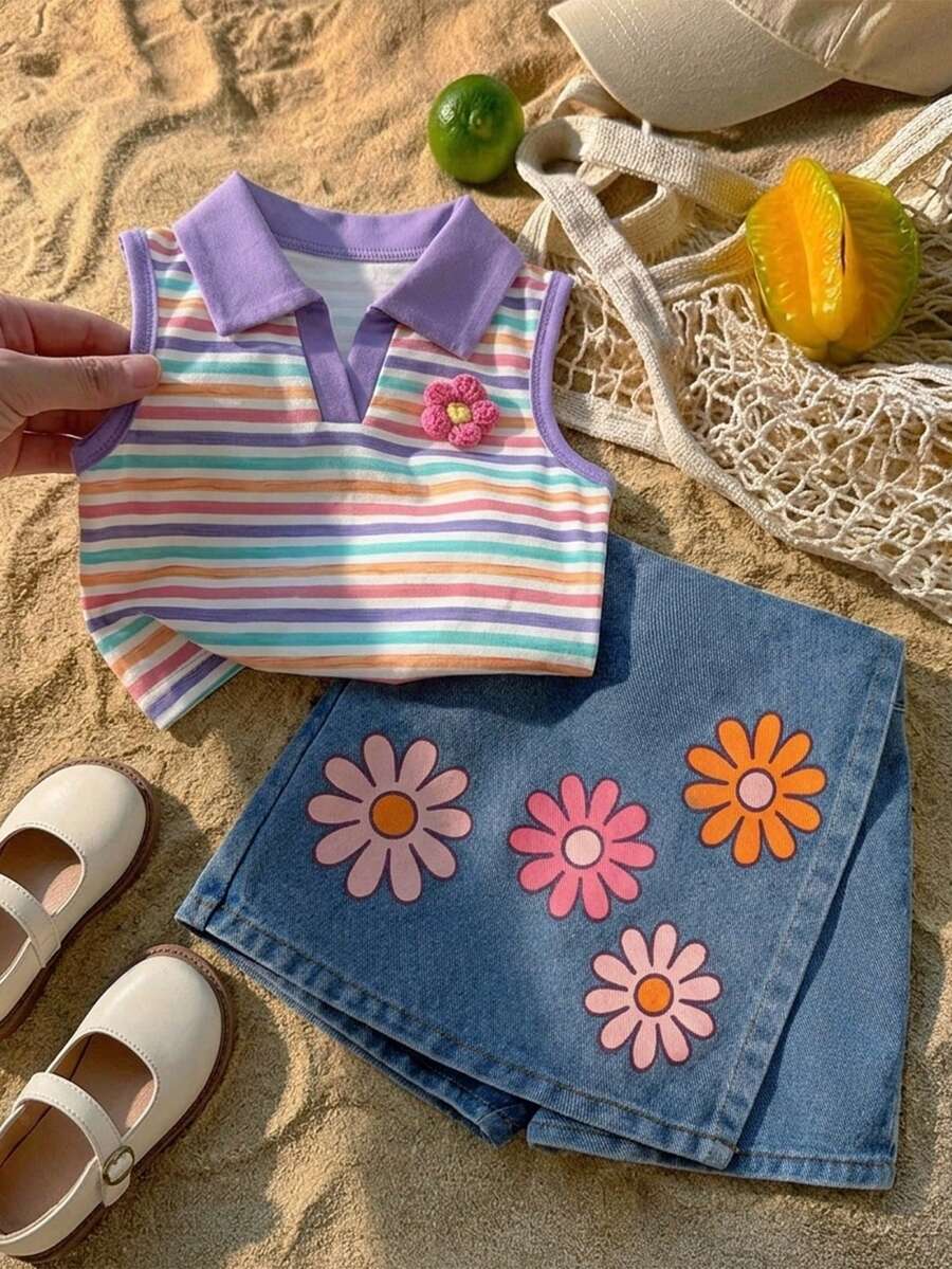 Toddler Girls Textured Knit Vest Top And Denim Skort Flower Embroidered Summer Outfit Set