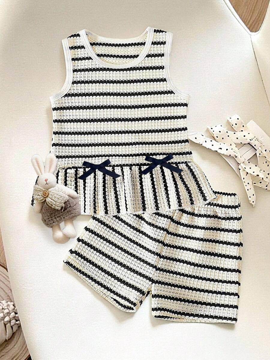 Two Piece Summer Clothing Set For Kids Girls Floral Knit Top And Shorts