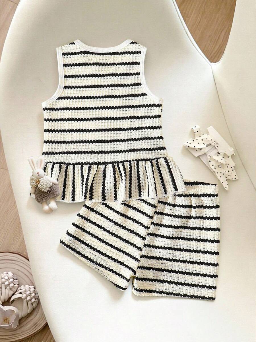 Two Piece Summer Clothing Set For Kids Girls Floral Knit Top And Shorts