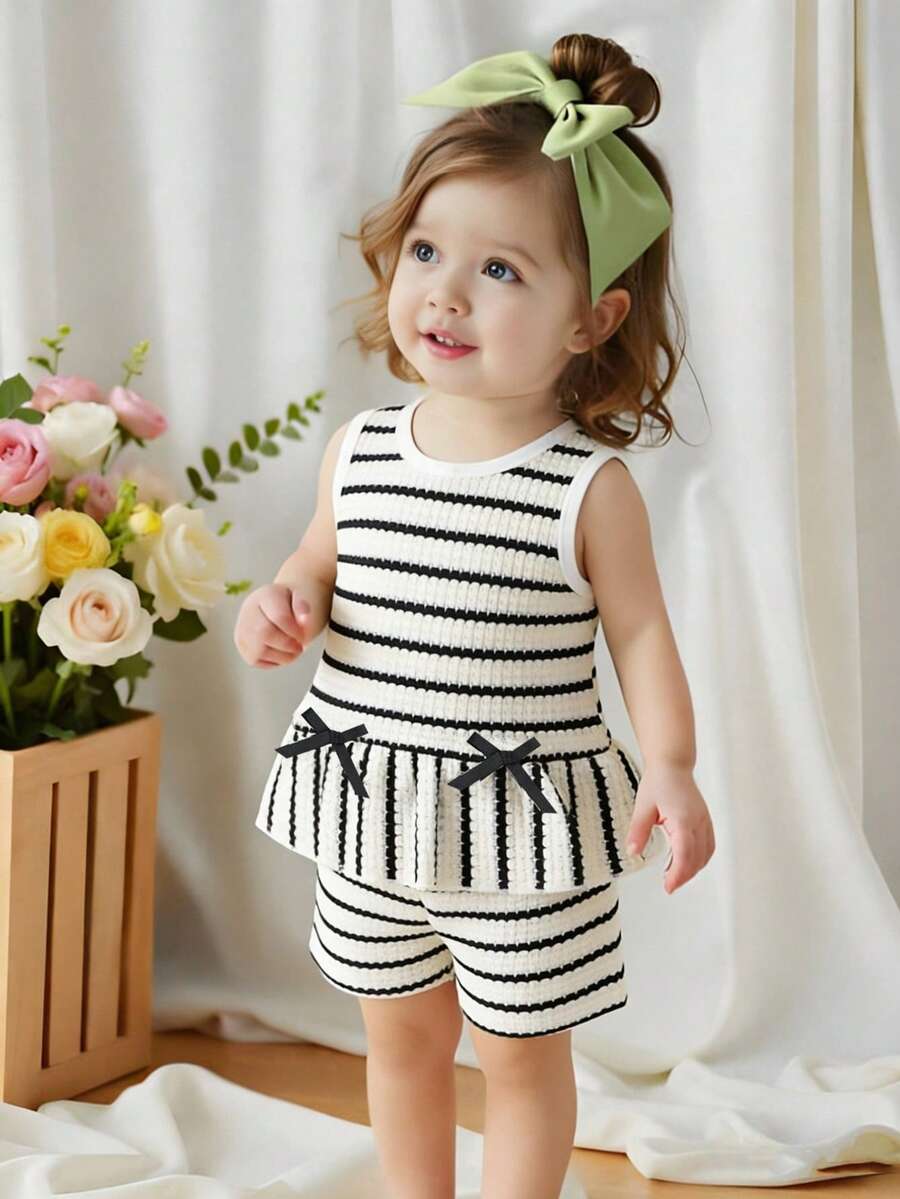 Two Piece Summer Clothing Set For Kids Girls Floral Knit Top And Shorts