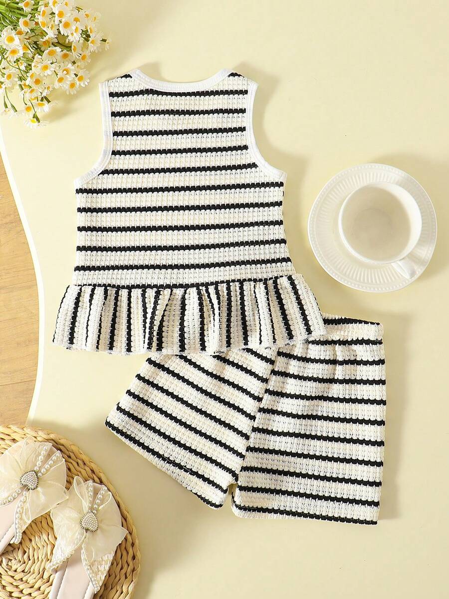 Two Piece Summer Clothing Set For Kids Girls Floral Knit Top And Shorts