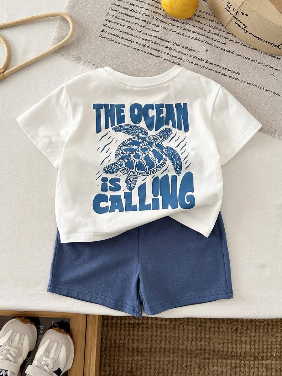 Baby Boy Animal Crayon Print T Shirt and Knitted Shorts 2 Piece Casual Spring Summer Outfit Set