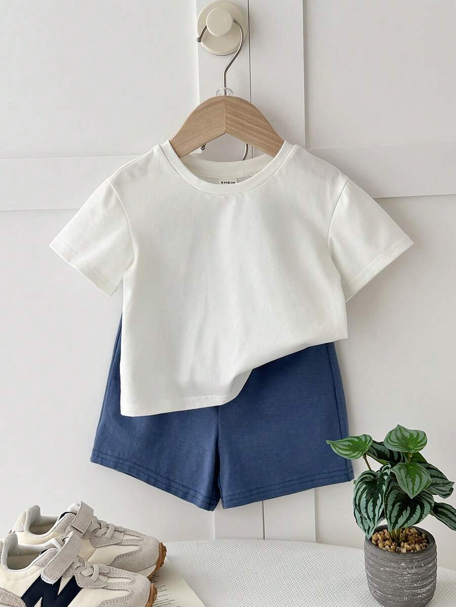 Baby Boy Animal Crayon Print T Shirt and Knitted Shorts 2 Piece Casual Spring Summer Outfit Set