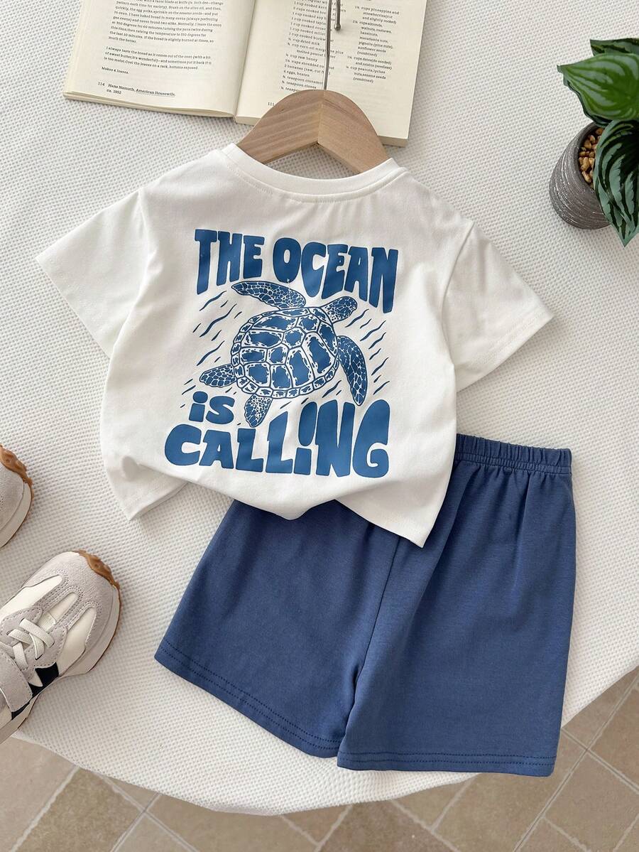 Baby Boy Animal Crayon Print T Shirt and Knitted Shorts 2 Piece Casual Spring Summer Outfit Set