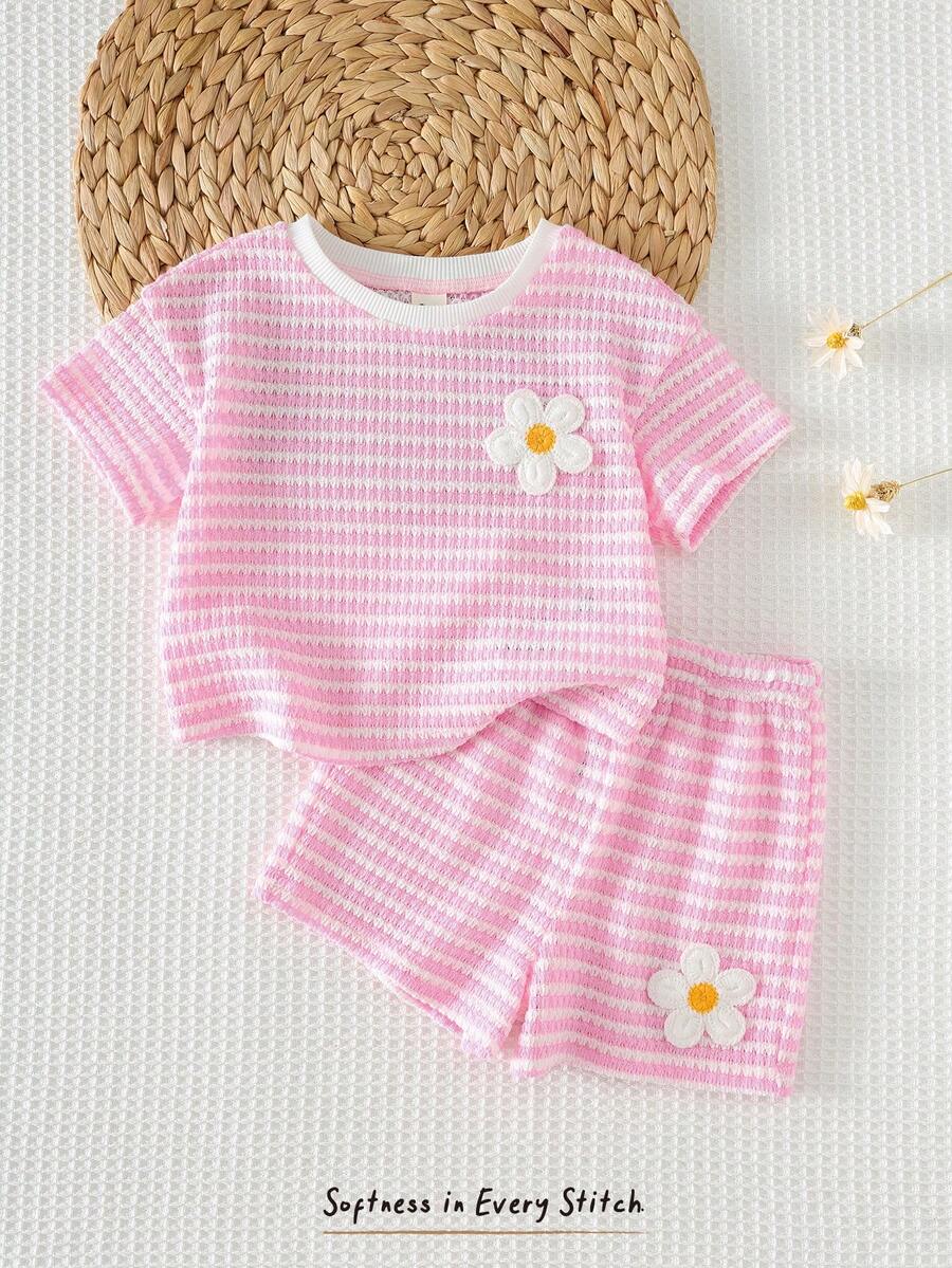 Rainbow Top And Elastic Waist Shorts Set For Toddler Girls Casual Wear