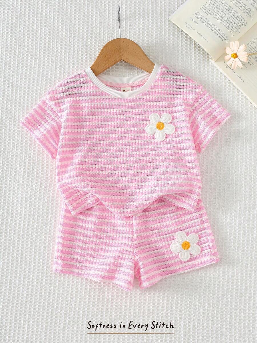 Rainbow Top And Elastic Waist Shorts Set For Toddler Girls Casual Wear