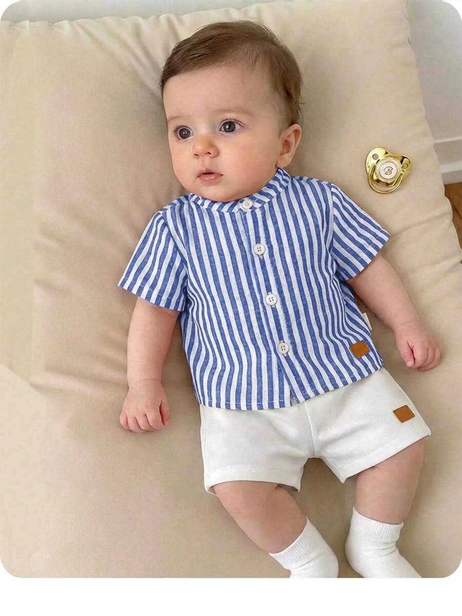 Striped Short Sleeve Shirt and Elastic Waist Shorts Set for Cute Summer Daily Wear