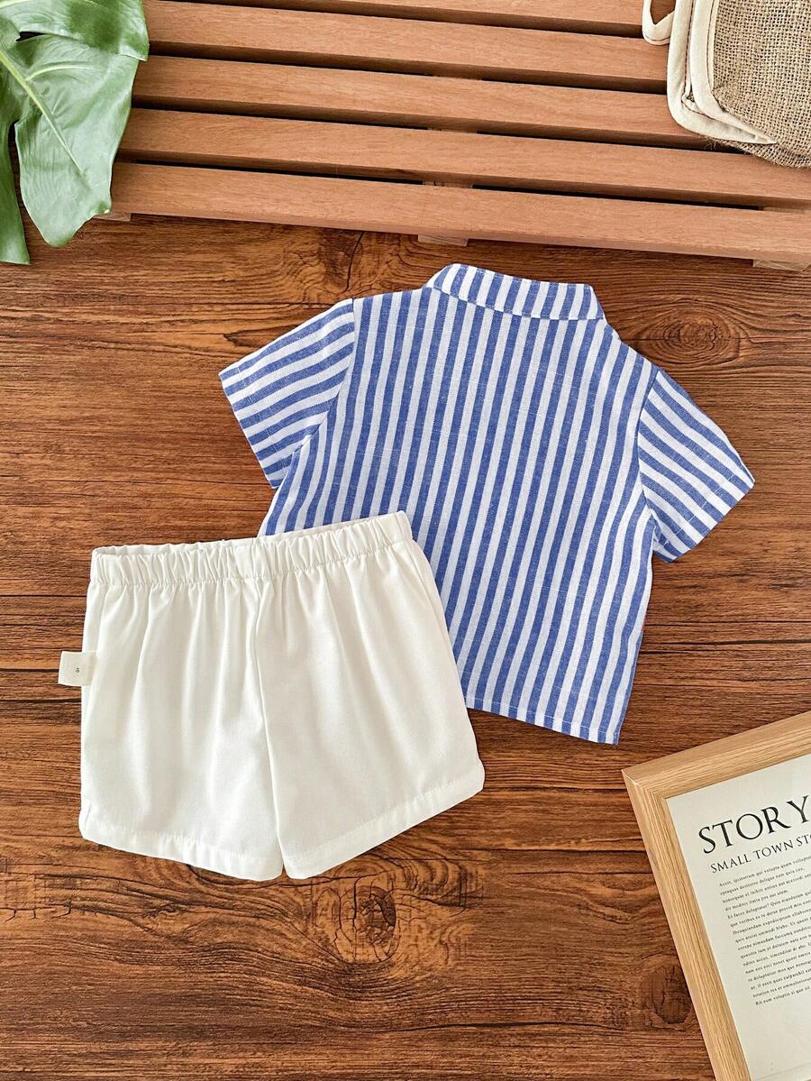 Striped Short Sleeve Shirt and Elastic Waist Shorts Set for Cute Summer Daily Wear