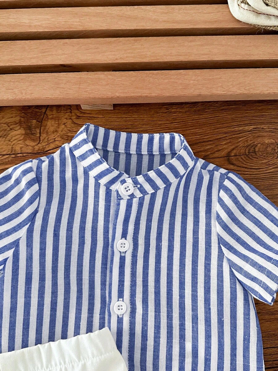 Striped Short Sleeve Shirt and Elastic Waist Shorts Set for Cute Summer Daily Wear