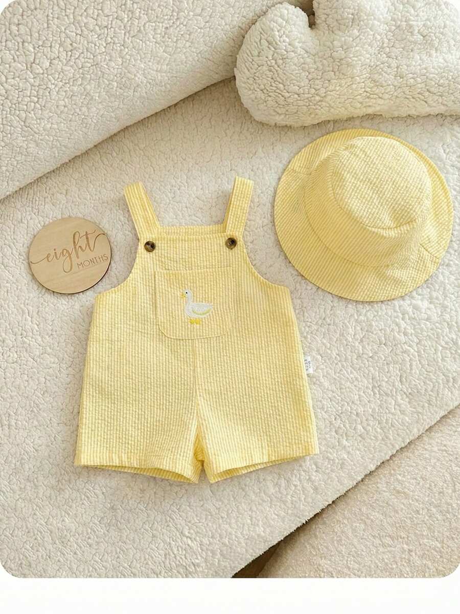 2PCS Baby Duck Striped Sleeveless Romper and Hat Set for Cute Summer Daily Wear
