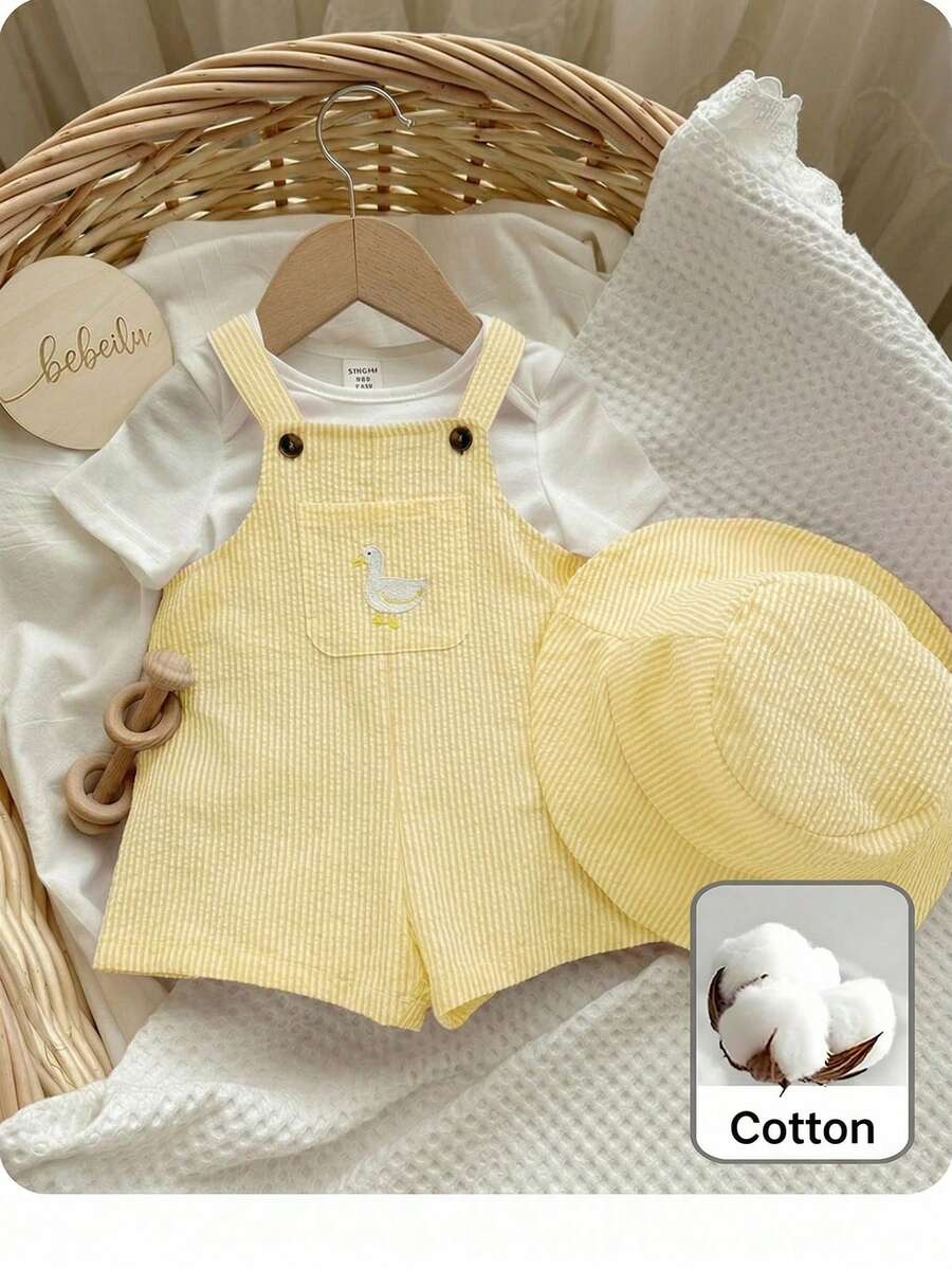 2PCS Baby Duck Striped Sleeveless Romper and Hat Set for Cute Summer Daily Wear