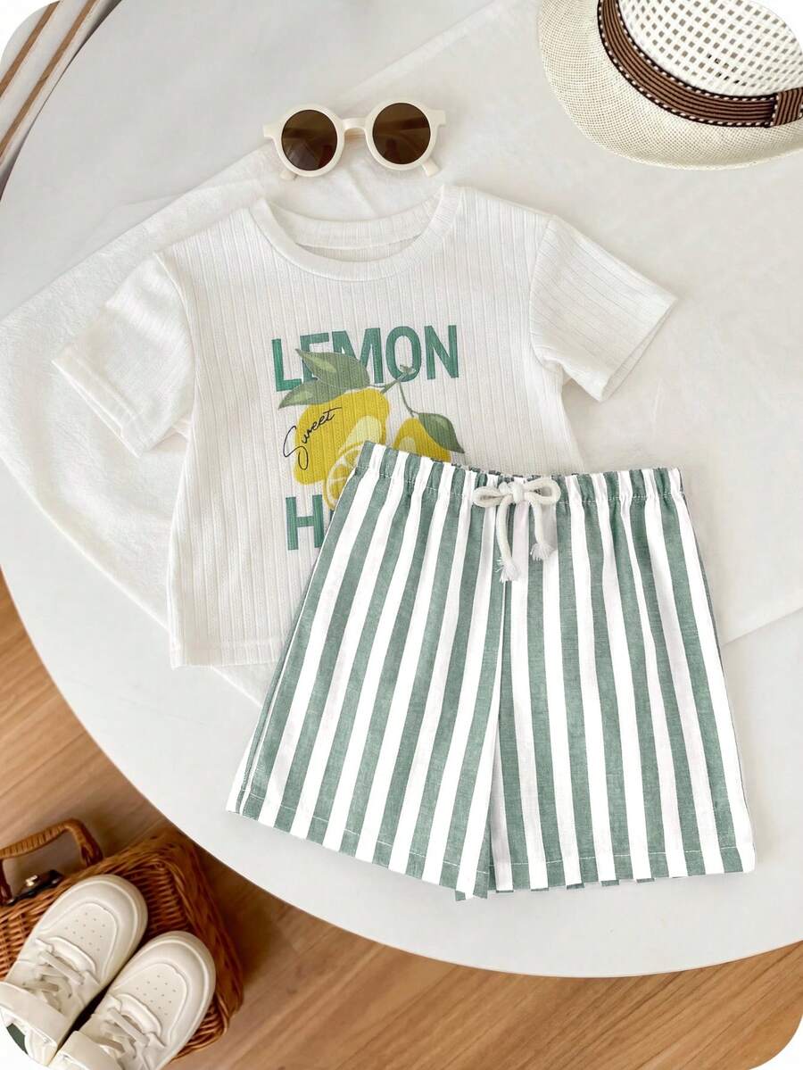 Baby Boy Animal Crayon Print T Shirt and Knitted Shorts 2 Piece Casual Spring Summer Outfit Set