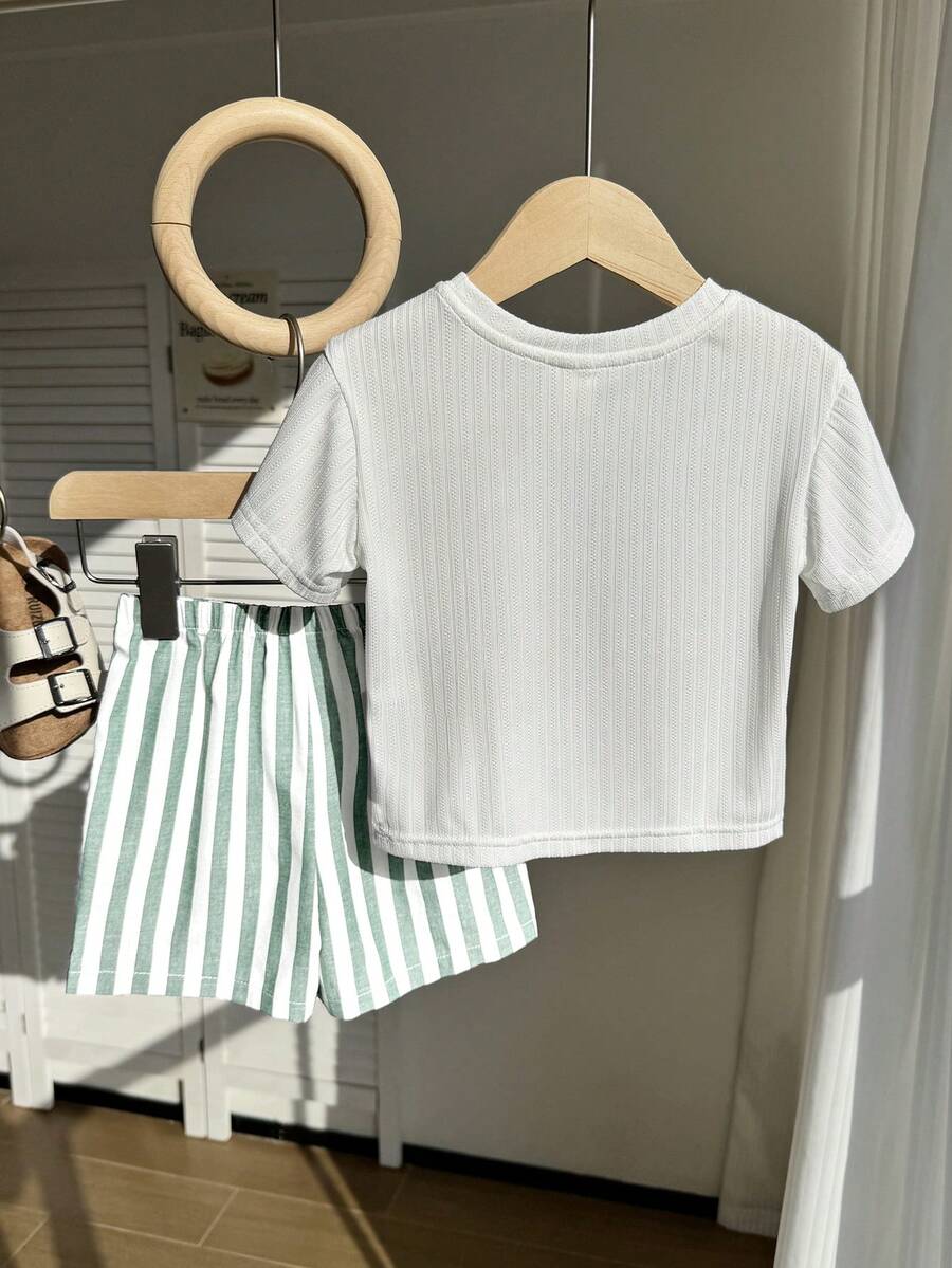Baby Boy Animal Crayon Print T Shirt and Knitted Shorts 2 Piece Casual Spring Summer Outfit Set
