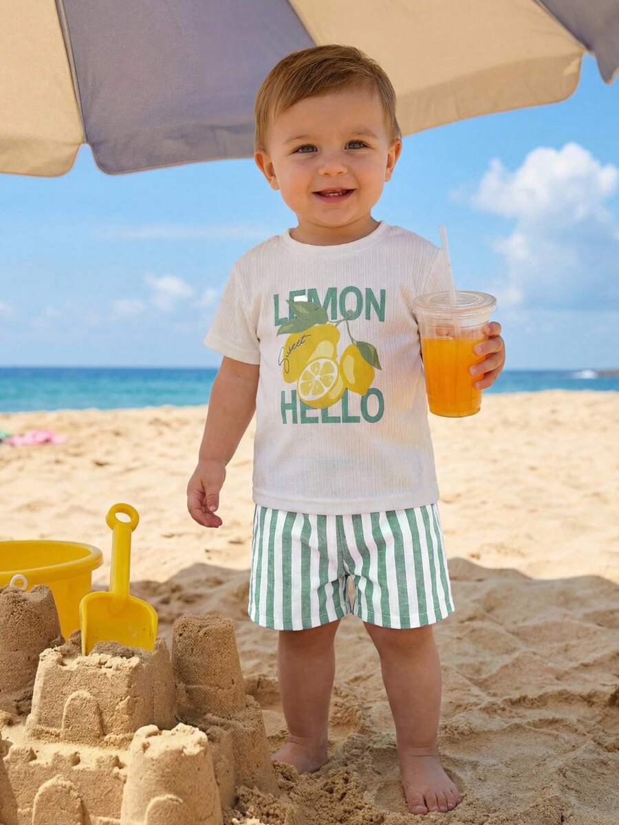 Baby Boy Animal Crayon Print T Shirt and Knitted Shorts 2 Piece Casual Spring Summer Outfit Set
