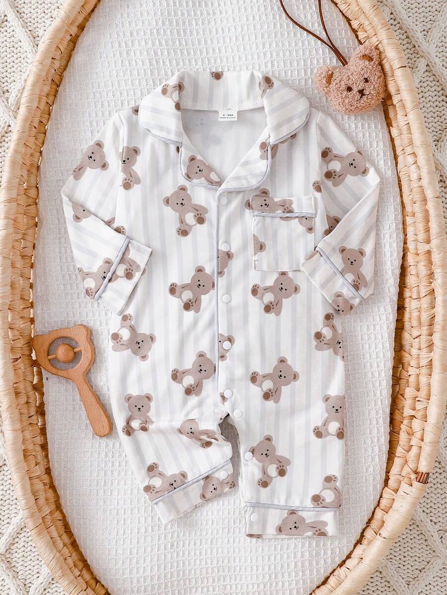 Baby Boy Bear Print Romper and Pants Set with Long Sleeve Snap Up Design