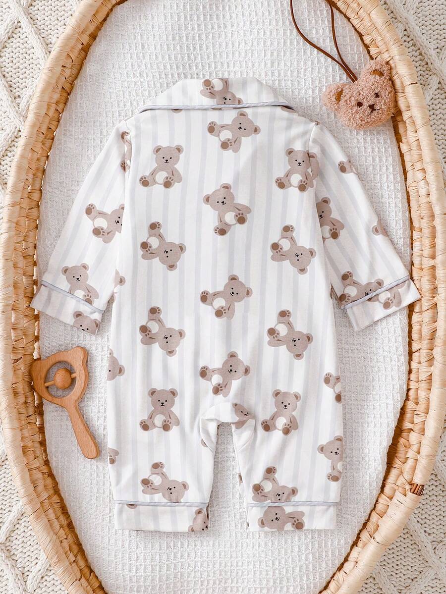 Baby Boy Bear Print Romper and Pants Set with Long Sleeve Snap Up Design