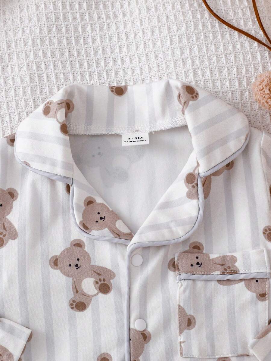 Baby Boy Bear Print Romper and Pants Set with Long Sleeve Snap Up Design