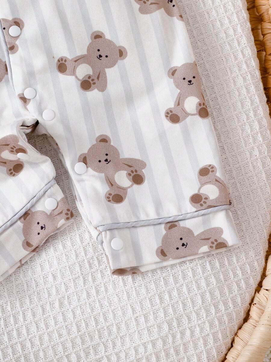 Baby Boy Bear Print Romper and Pants Set with Long Sleeve Snap Up Design
