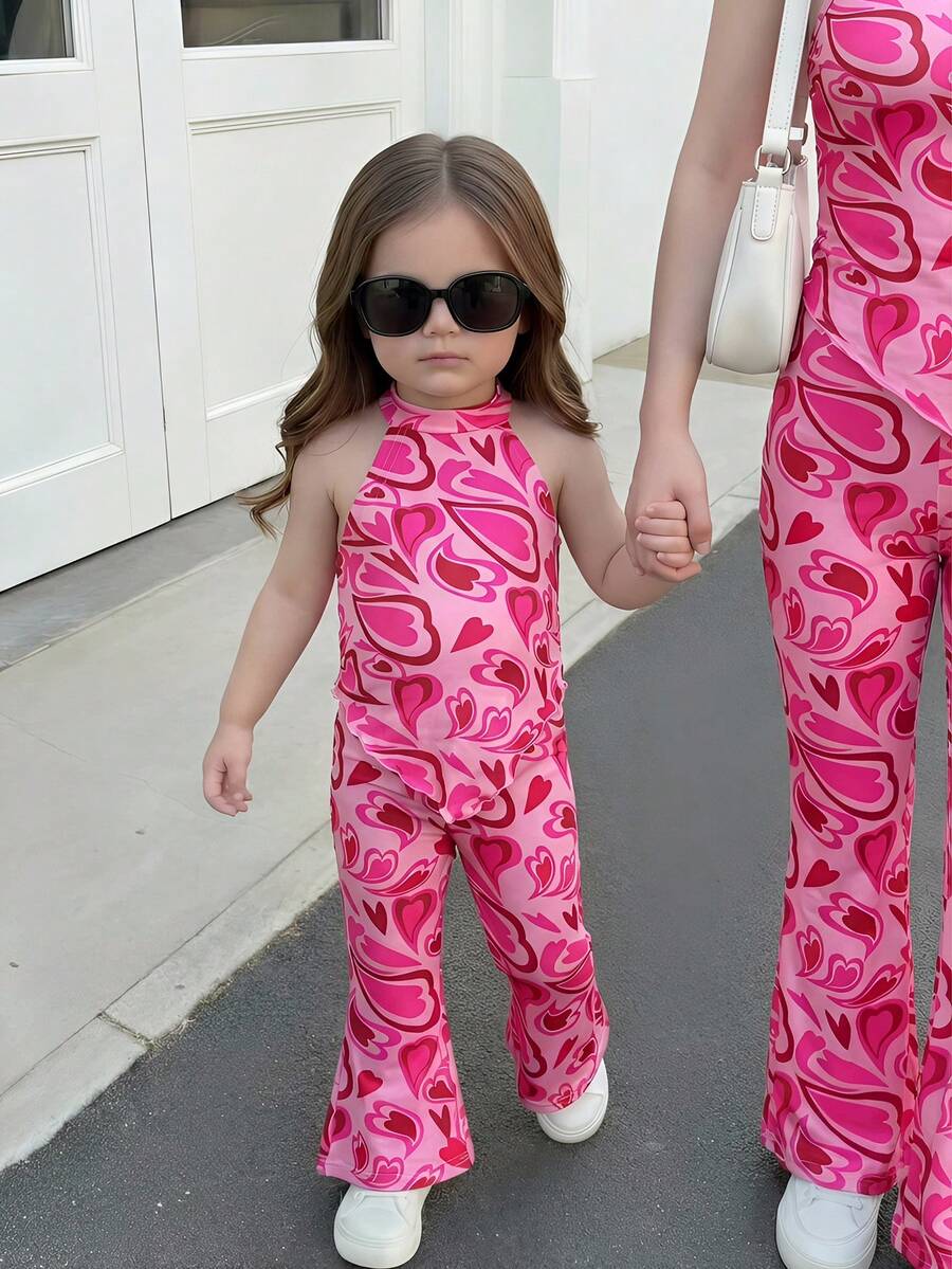 Heart Pattern Halter Top And Flared Pants Set For Baby Girls Valentine Outfit